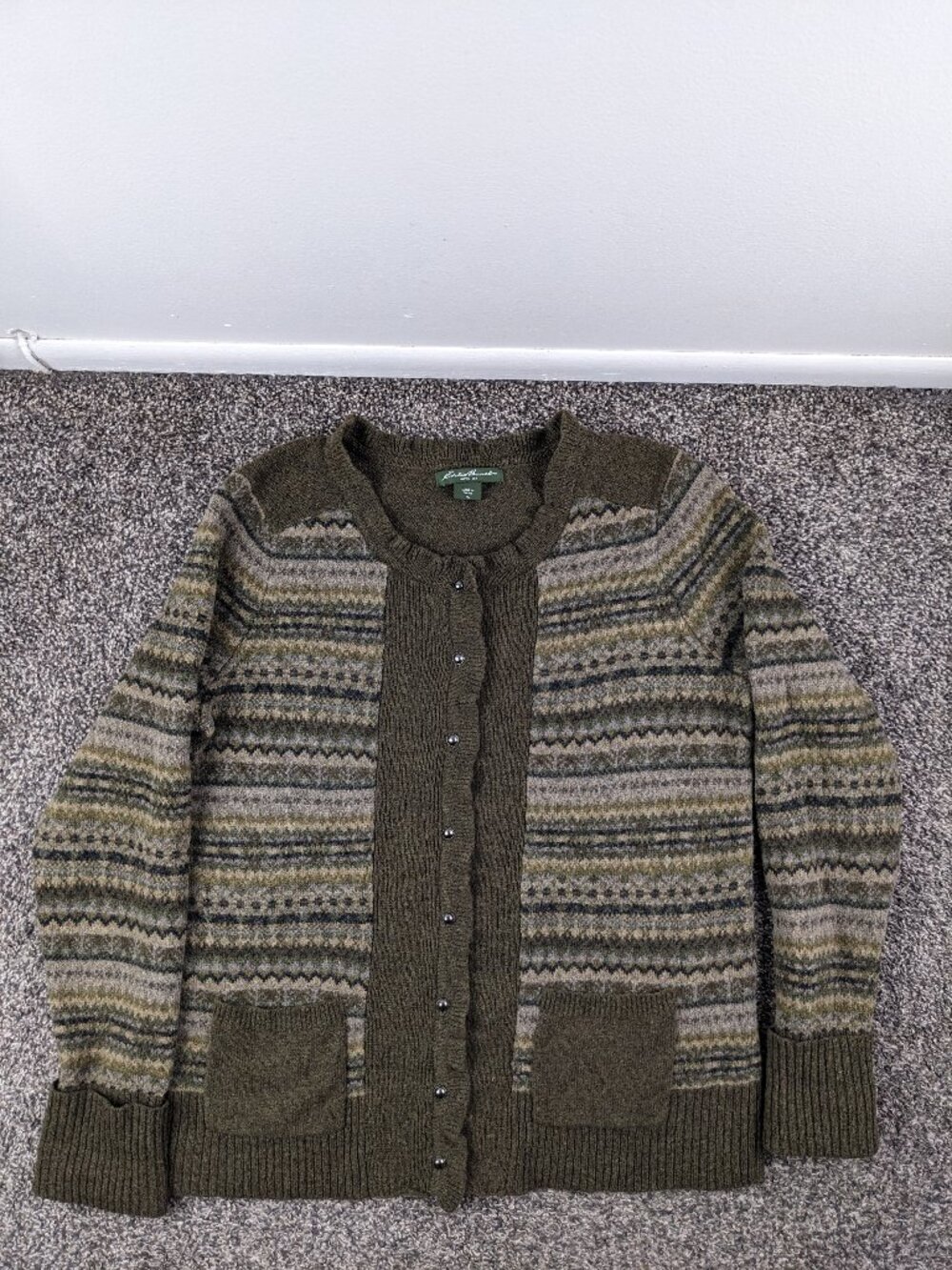 Eddie Bauer Sweater Lambswool Fair Isle Cardigan Metal Buttons Green Womens XL